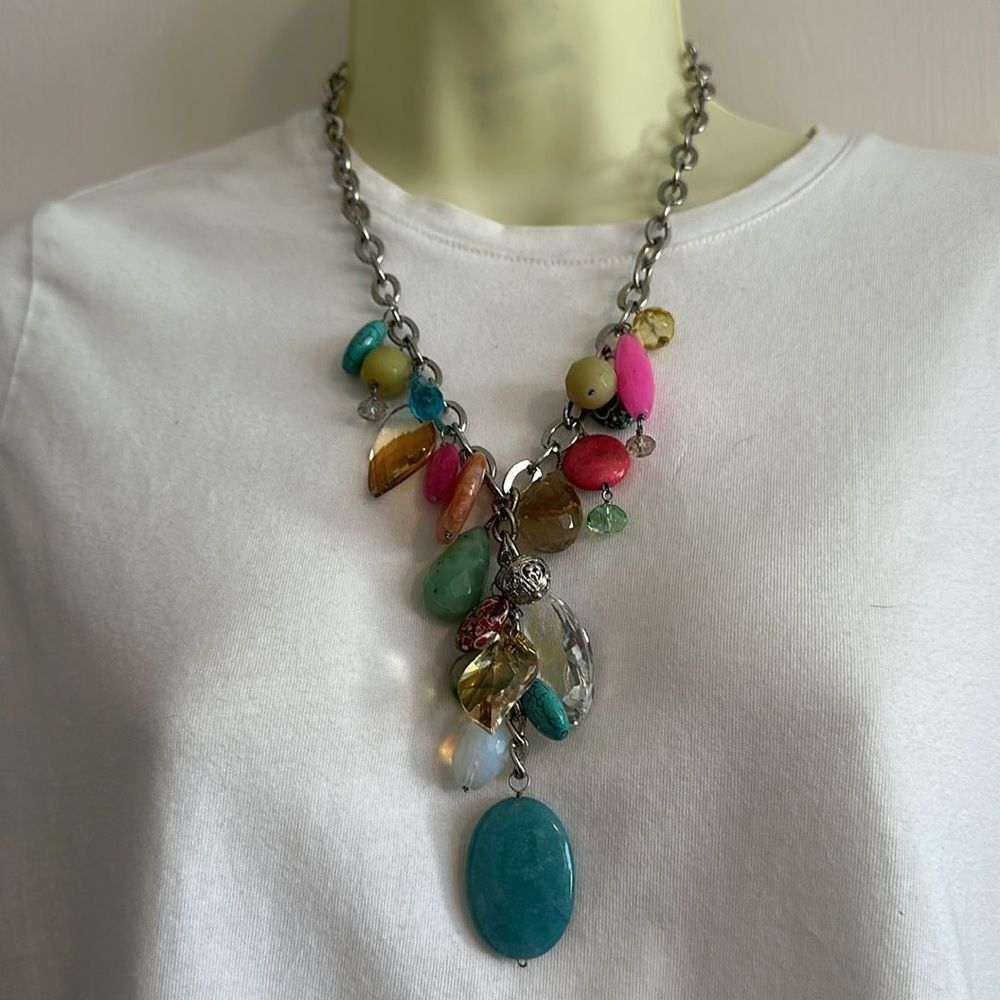 Vibrant Chunky‎ Multicolor Beaded Necklace on Silver Tone Chain